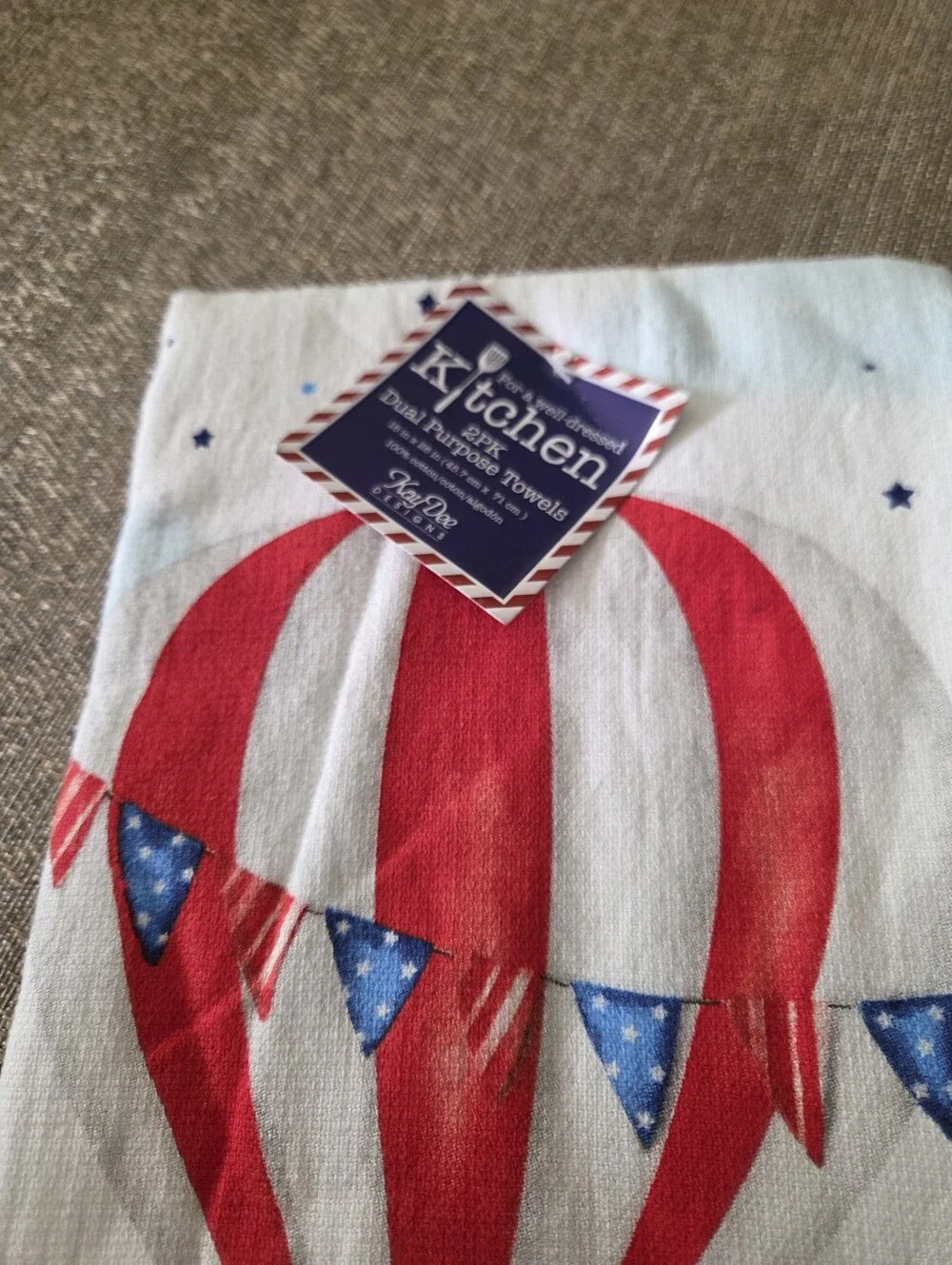 Hot Air Balloon Puppy Decorative Tea Towel - Red, Blue, White